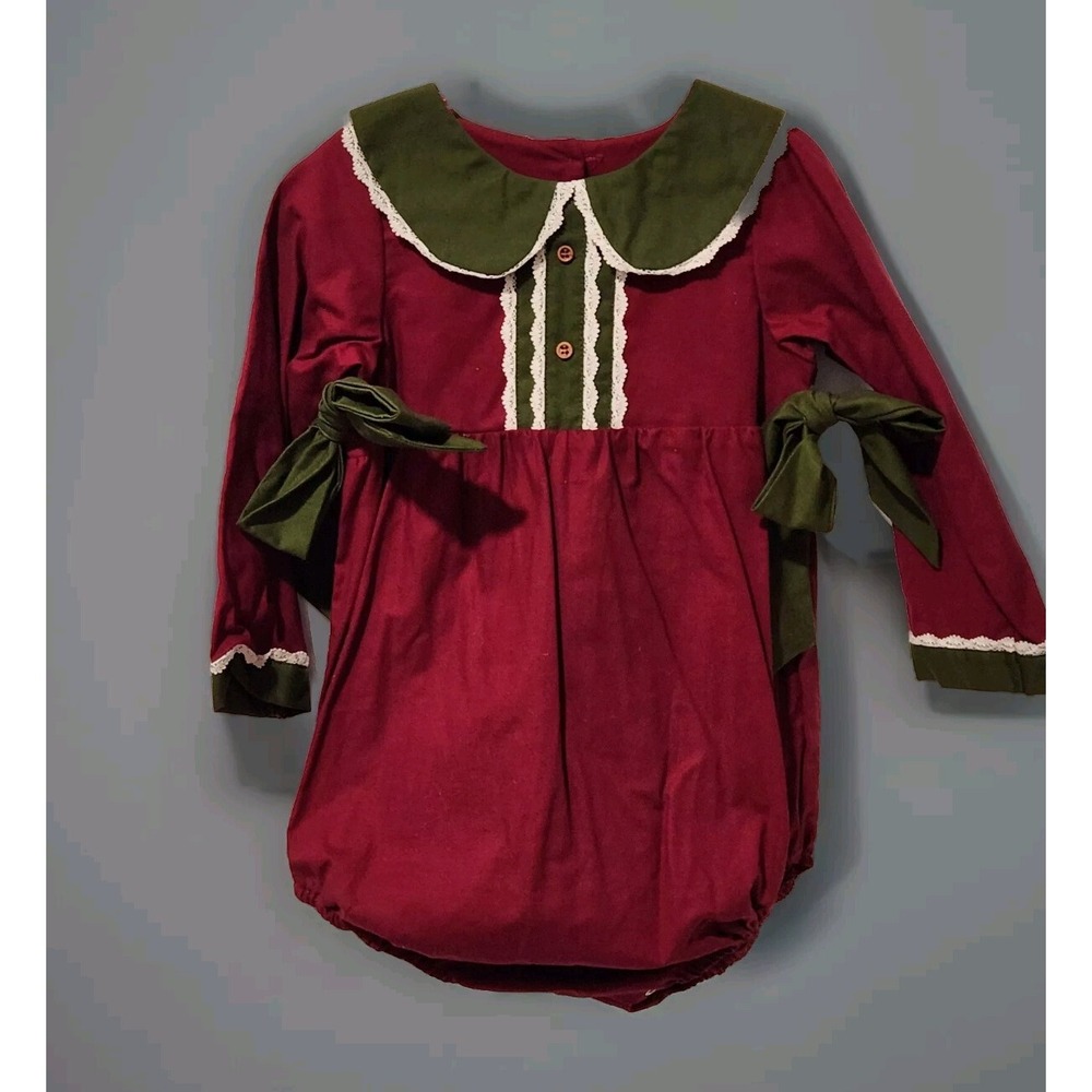 Little‎ Bird Co. Boutique Bubble Romper Burgundy Green Lace Bow Size